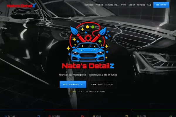 Nate's Detailz website hero with logo and price button