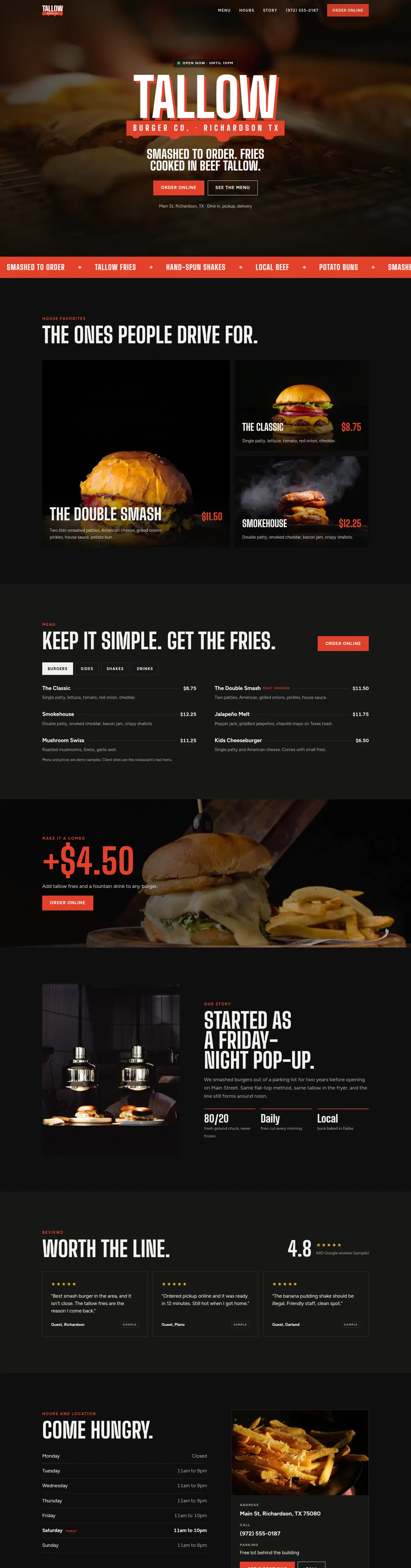 Tallow Burger Co. concept website, full page