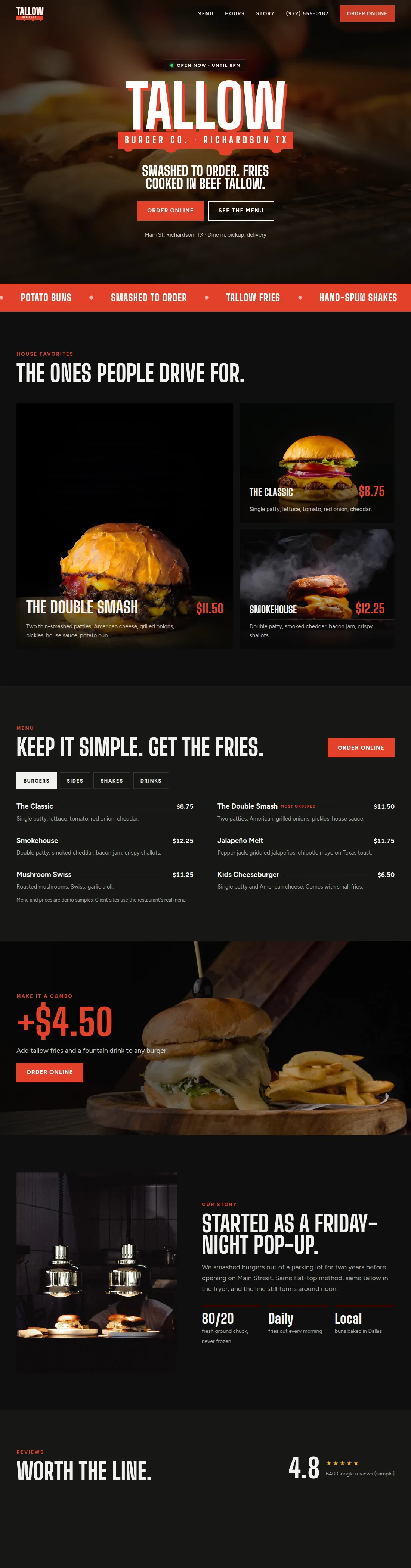 Tallow Burger Co. concept website, full page