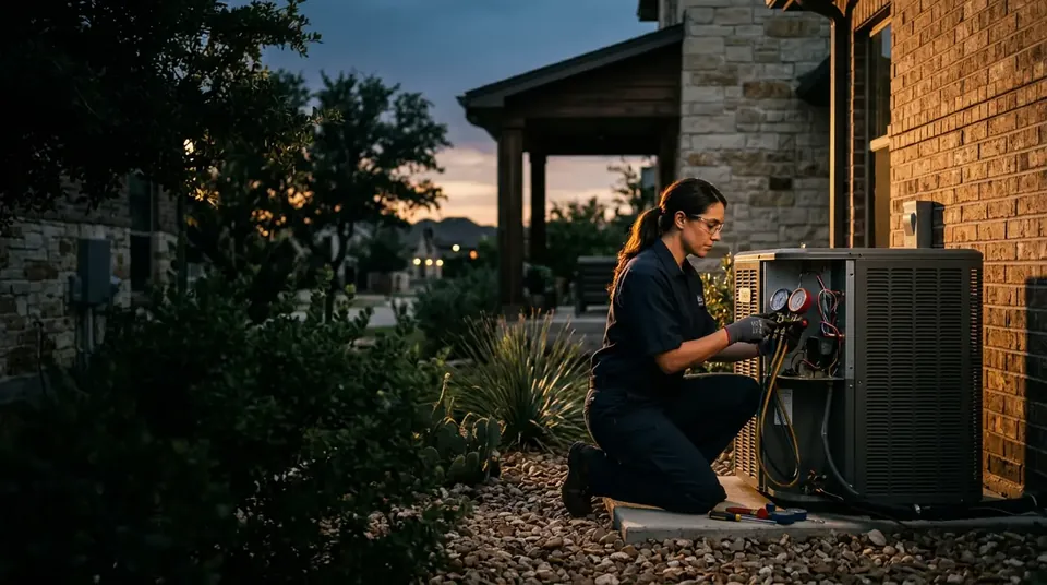 HVAC technician at an outdoor condenser unit