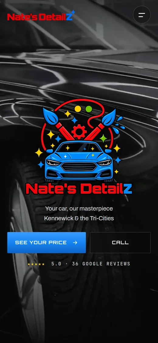 Nate's Detailz website, full page on a phone