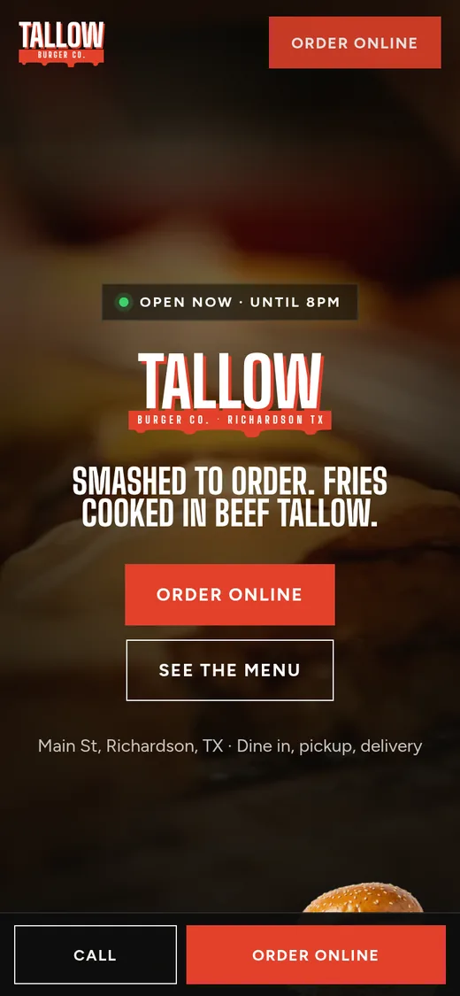 Tallow Burger Co. concept website, full page on a phone
